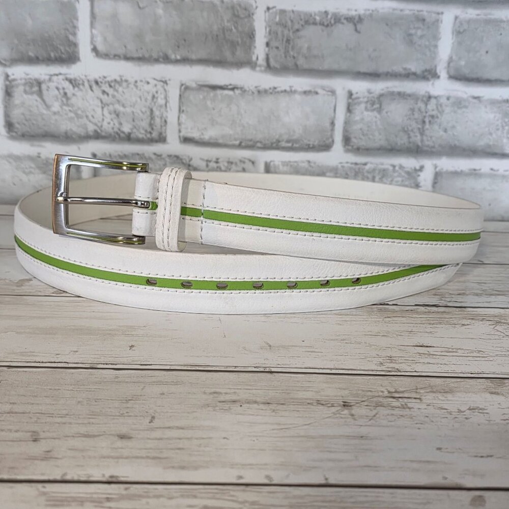 PGA TOUR White Leather Golf Belt XL Lime Green Racing Stripe Preppy Sporty Mens
